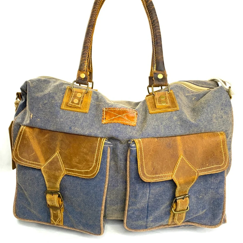The Barrel Shack Owen Blue Canvas Large Messenger Bag Brown Leather Trim